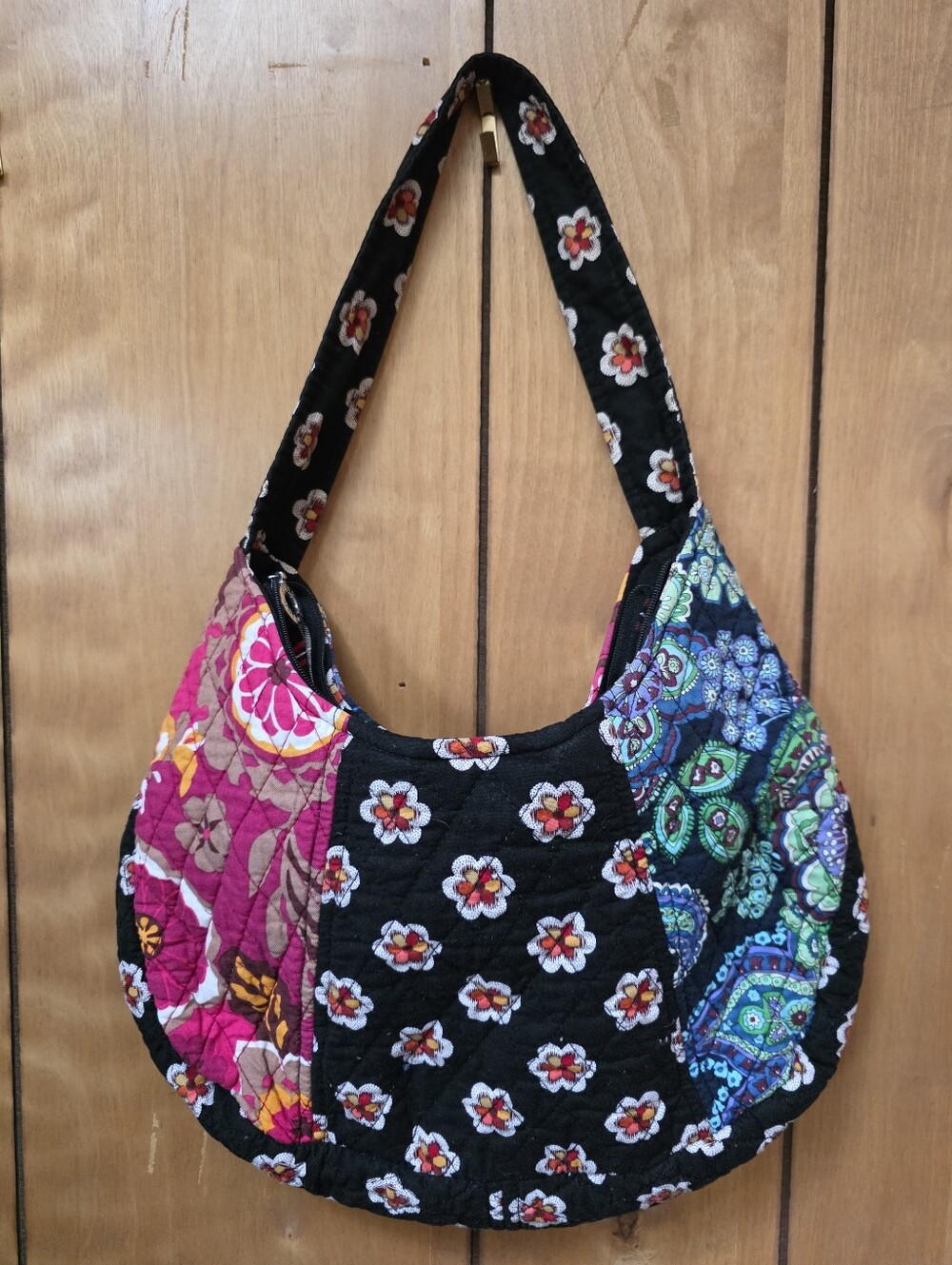 Vera Bradley Quilted Patchwork Floral Hobo Bag - Black with Pink & Teal Panels - Picture 2 of 5